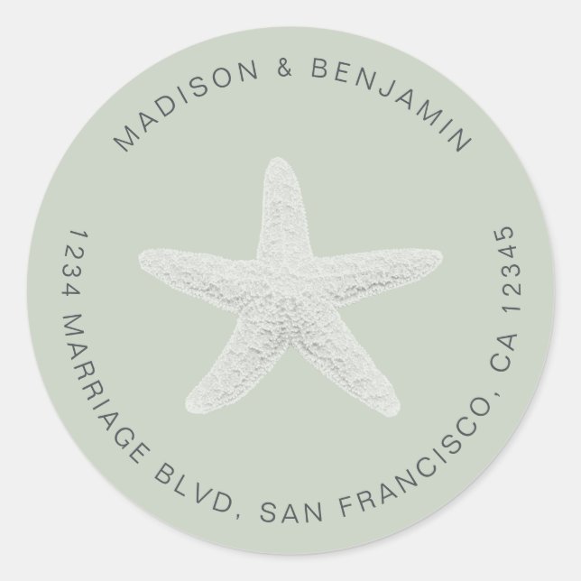 Starfish Beach Wedding Return Address Green Classic Round Sticker (Front)