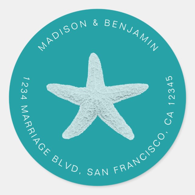 Starfish Beach Wedding Return Address Green Classic Round Sticker (Front)