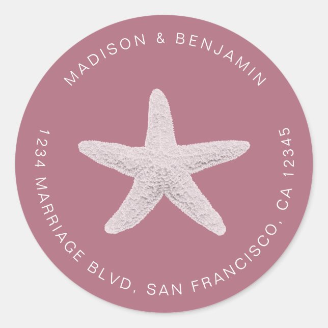 Starfish Beach Wedding Return Address Purple Classic Round Sticker (Front)