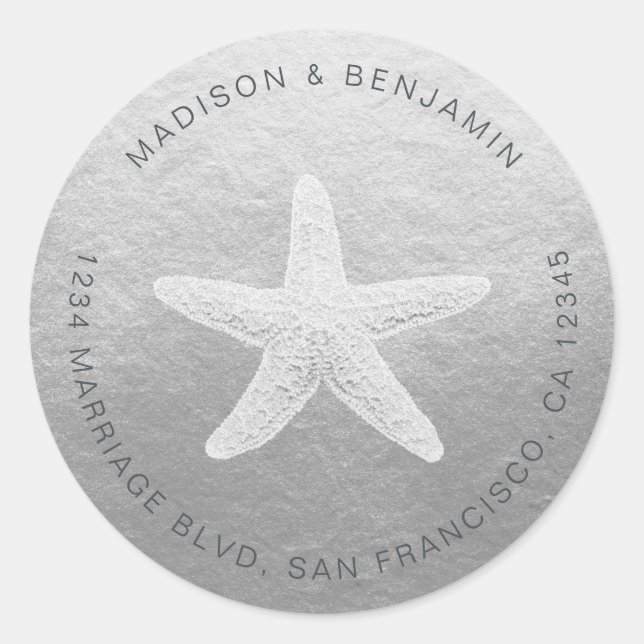 Starfish Beach Wedding Return Address Silver Classic Round Sticker (Front)