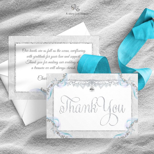 Starfish Beach Wedding Thank You Card (Starfish Beach Thank You Card with silver glitter look and starfish accents, front and back view.)