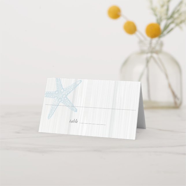 Starfish Beach Wedding Wood Blue Folded Place Card (Front)