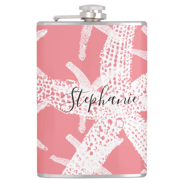 Starfish Birthdays Weddings Bridal Shower Pink Hip Flask (Front)