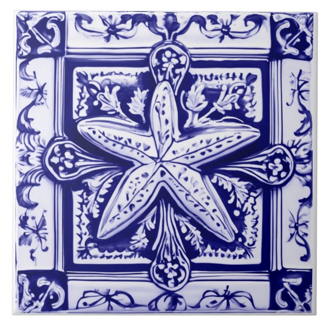 Starfish Blue and White Sea Star Ocean Beach House Tile (Front)