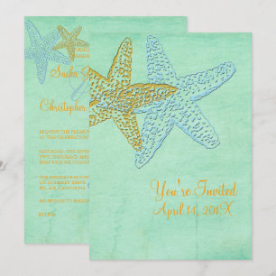 STARFISH/BLUE/GOLD/BEACH WEDDING INVITATION