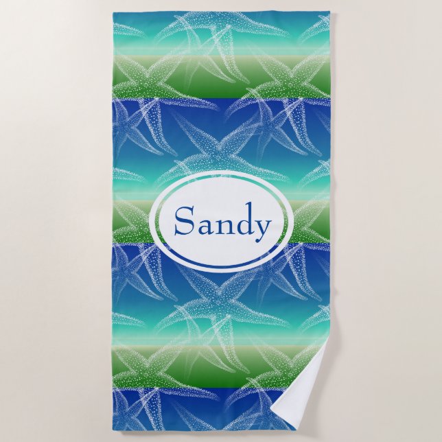 Starfish Blue Green Beach Personalised Beach Towel (Front)
