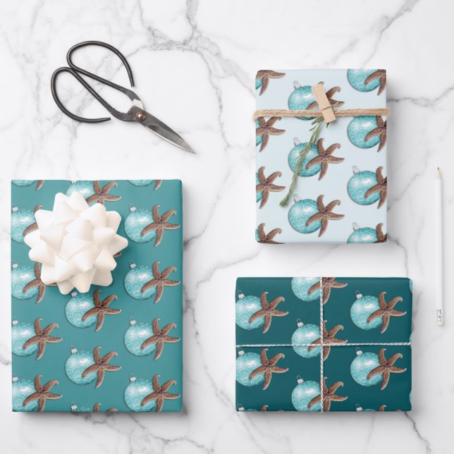 Starfish Blue Ornament Teal Christmas  Wrapping Paper Sheet (Front)
