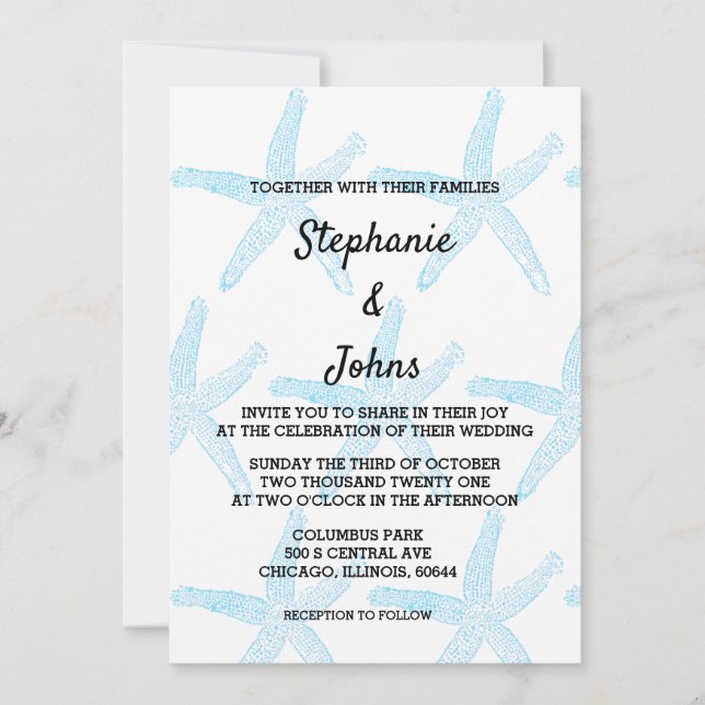 Starfish Blue Pattern White Beach Nautical Wedding Invitation (Front)