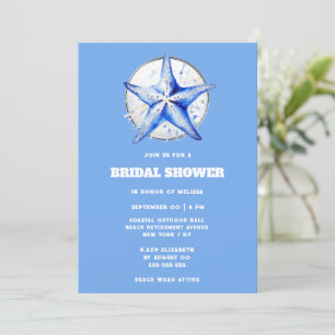 Starfish blue silver white beach bridal shower invitation