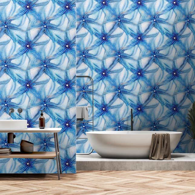 Starfish blue watercolor seamless pattern beach wallpaper (Bathroom)
