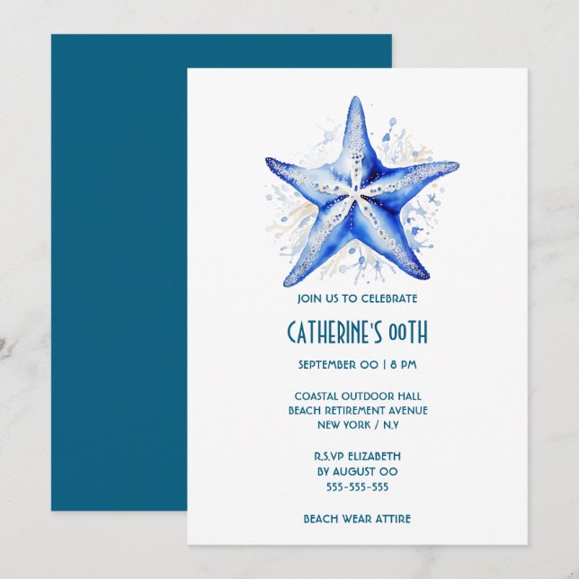 Starfish blue white beach theme birthday invitation (Front/Back)