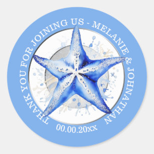 Starfish blue white wedding round elegant beach classic round sticker