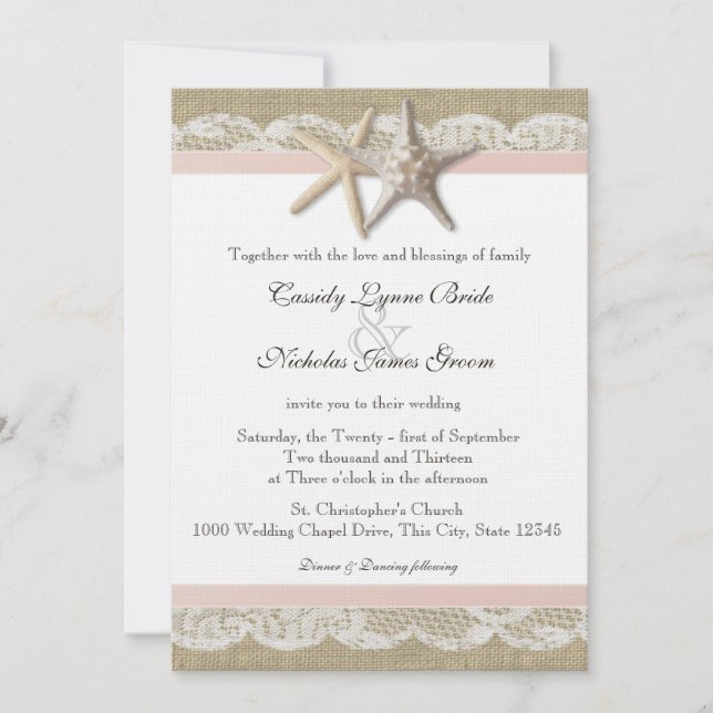 Starfish Blush Country Lace and Burlap Wedding Invitation (Front)