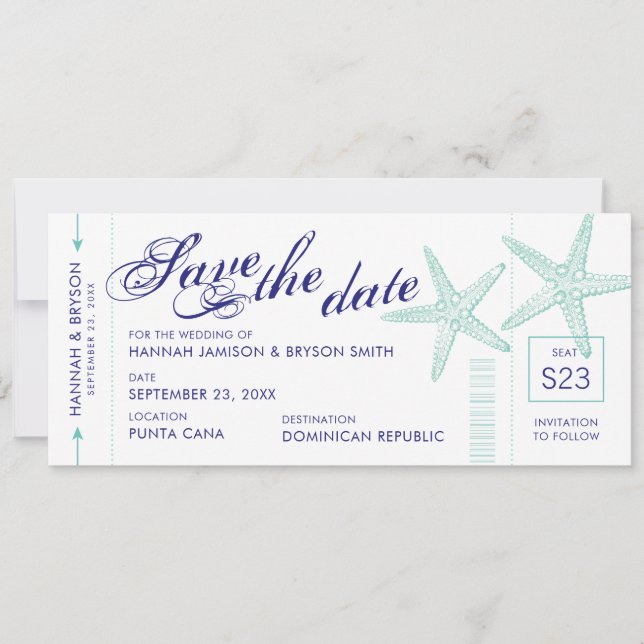 Starfish Boarding Pass Beach Save the Date Card (Front)