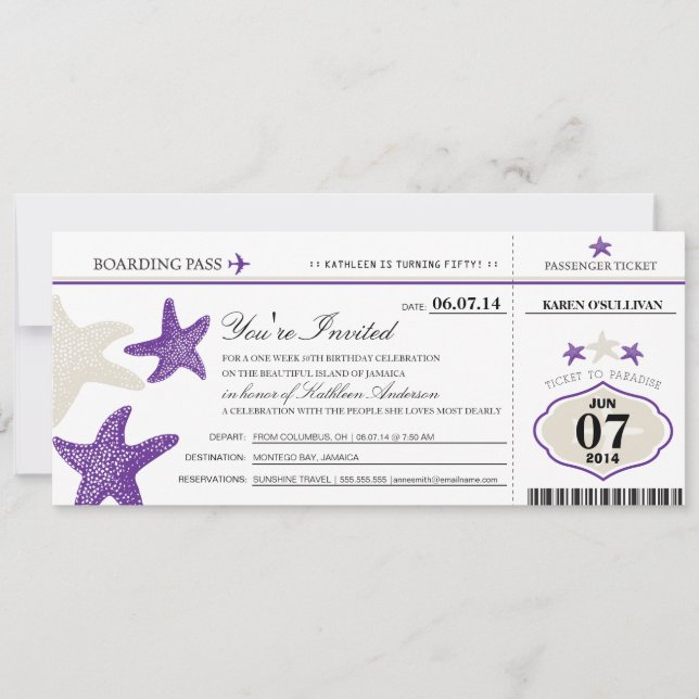 Starfish Boarding Pass Birthday Invitation (Front)