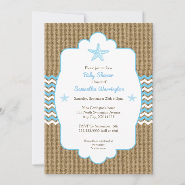 Starfish boy baby shower invites blue burlap (Front)
