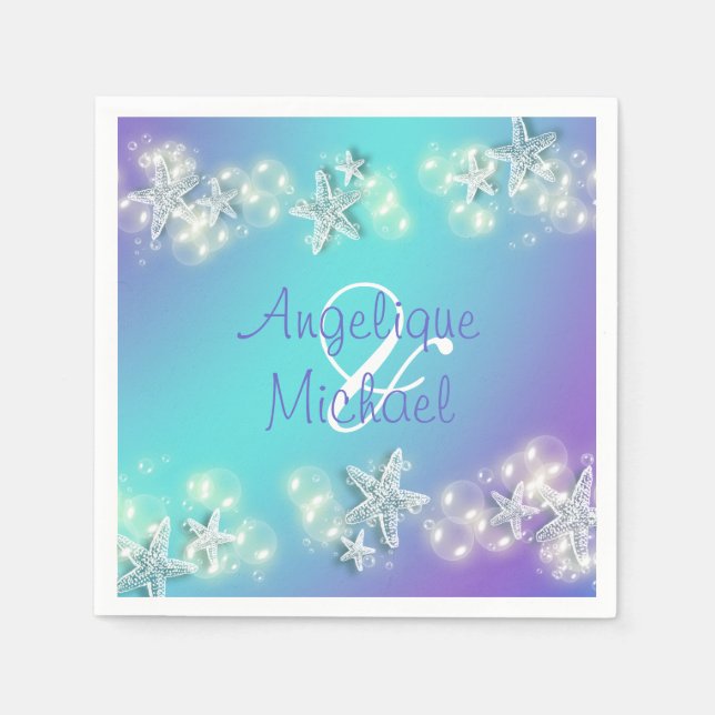 Starfish bubbles blue purple white couples names napkin (Front)