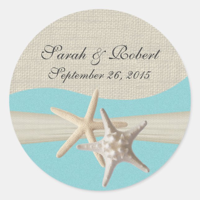 Starfish & Burlap Aqua Classic Round Sticker (Front)