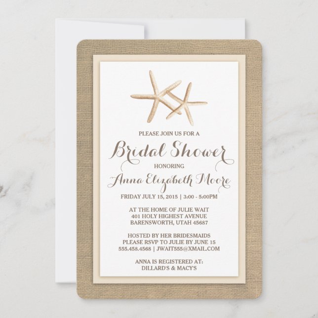Starfish Burlap Beach Bridal Shower Invitation (Front)