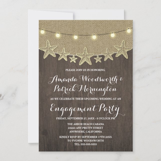 Starfish Burlap Beach Engagement Party Invitations (Front)