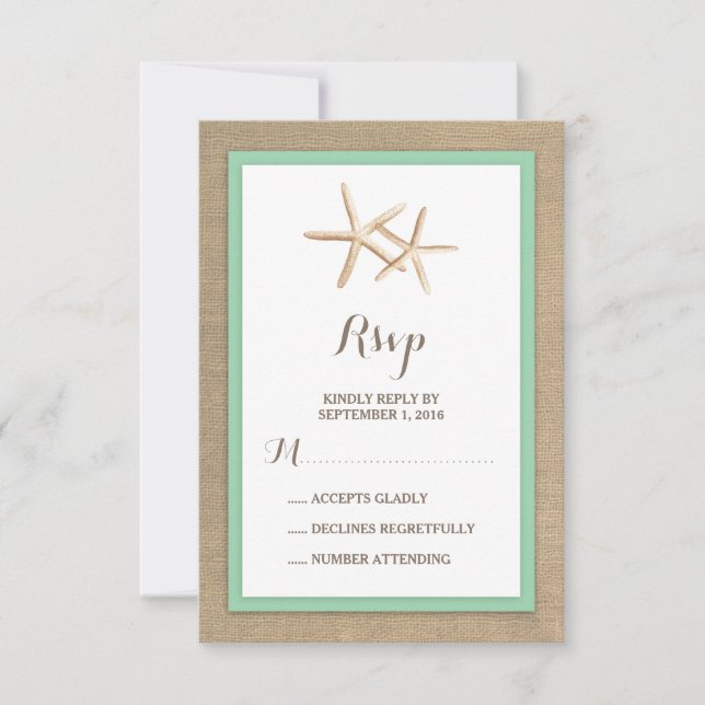 Starfish Burlap Beach Tropical Wedding RSVP Card (Front)