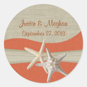 Starfish & Burlap Coral Beach Classic Round Sticker