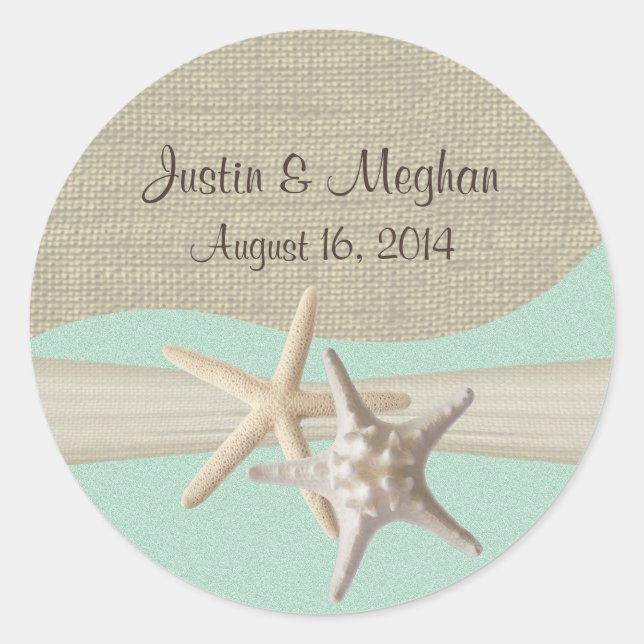 Starfish & Burlap Seafoam Classic Round Sticker (Front)
