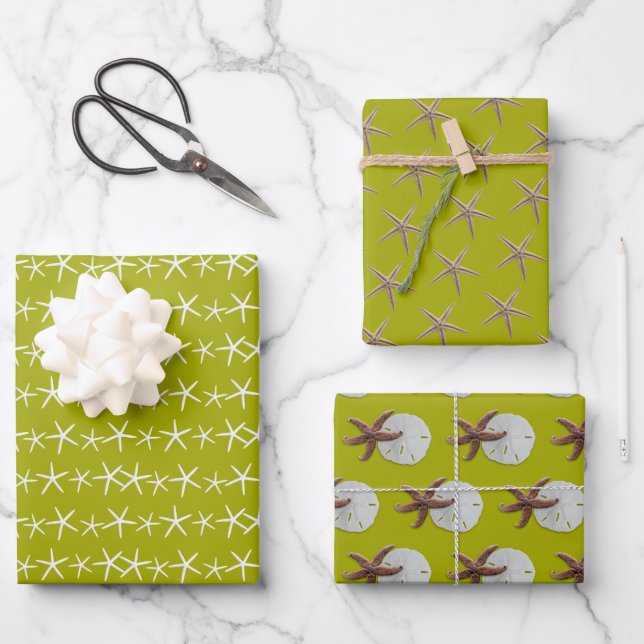 Starfish Chartreuse Green All Occasion Wrapping Paper Sheet (Front)