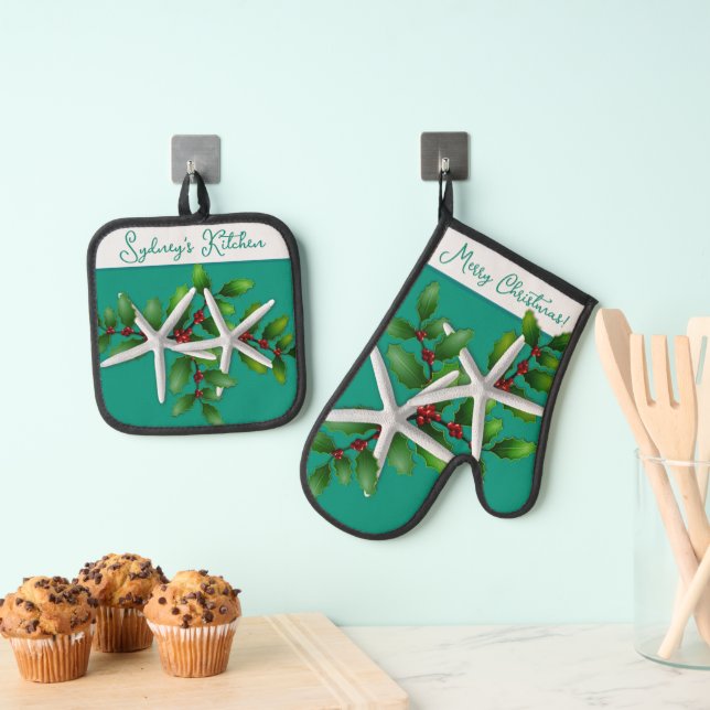Starfish Christmas Kitchen Baking Oven Mitt & Pot Holder Set (Insitu(Hanging))