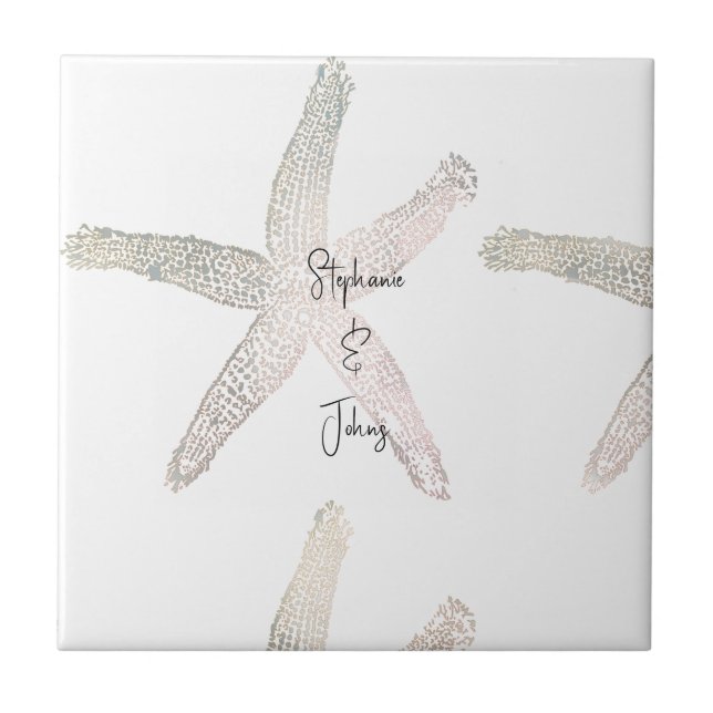 Starfish Coastal Beach Monogram Name Weddings Tile (Front)