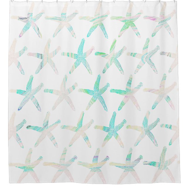 Starfish Coastal Beach Multicolor Teal Patterns Shower Curtain (Front)