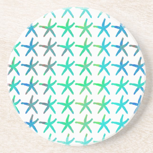 Starfish Coastal Beach Multicolor Teal White Cute Coaster (Front)