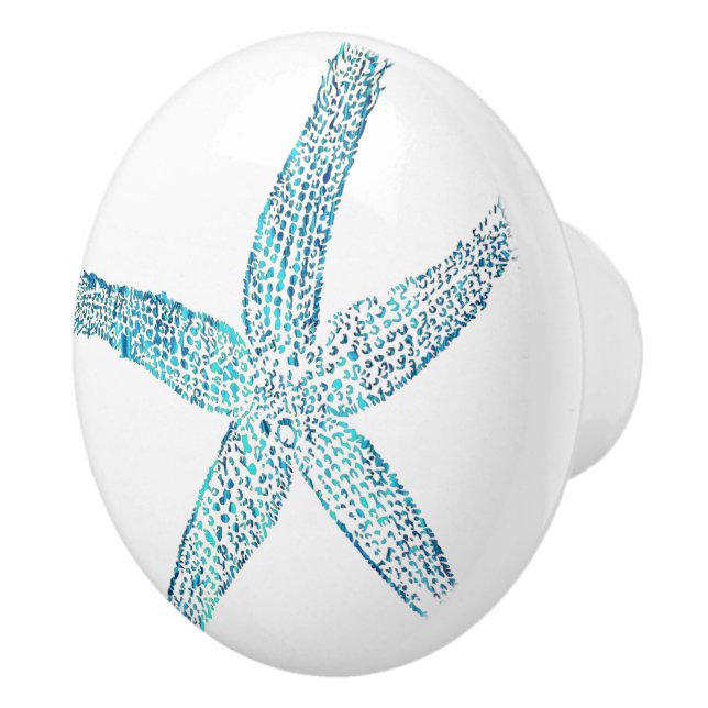 Starfish Coastal Beach Teal Blue White Nautical Ceramic Knob (Right)