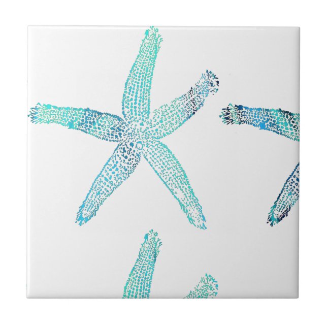 Starfish Coastal Beach Teal Blue White Nautical Tile (Front)