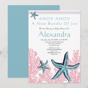 Starfish Coral Baby Shower invitation Dusty Blue