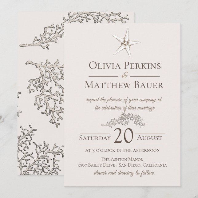 Starfish Coral Beach Wedding Invitation (Front/Back)