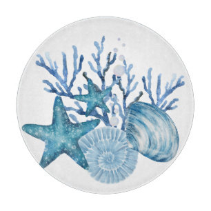 Starfish Coral Blue Watercolor Beachy Art Cutting Board