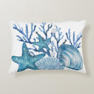 Starfish Coral Blue Watercolor Beachy Art Decorative Cushion