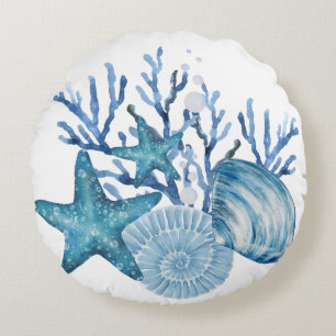 Starfish Coral Blue Watercolor Beachy Art Round Cushion