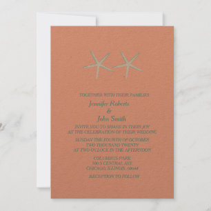 Starfish Coral Orange Nautical Wedding Kraft Invitation