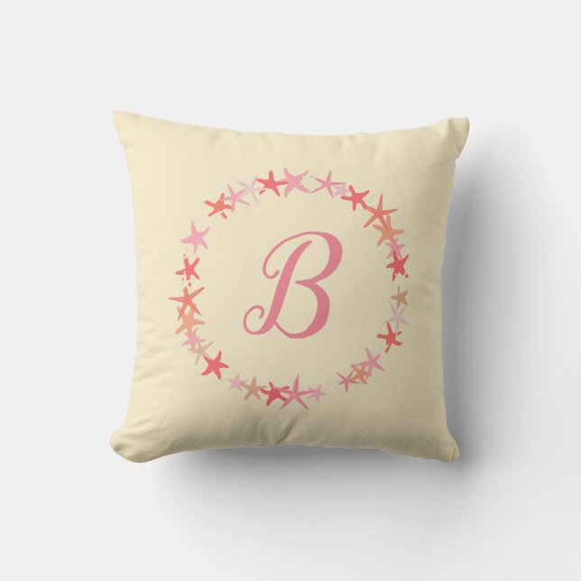 Starfish Coral Pink and Cream Monogram Cushion (Front)