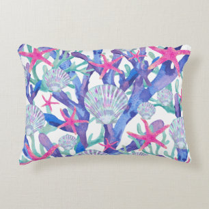 Starfish Coral Sealife Pink Purple Watercolor Decorative Cushion