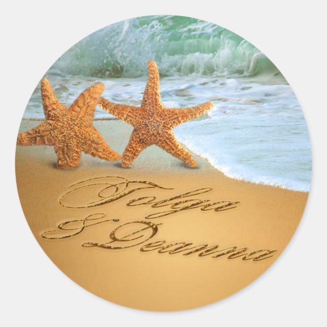 Starfish Couple ASK ME TO PUT NAMES IN THE SAND Classic Round Sticker (Front)