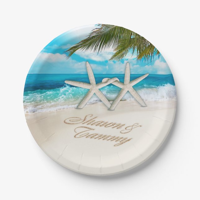 Starfish Couple ASK TO HAVE YOUR NAMES PUT IN SAND Paper Plate (Front)