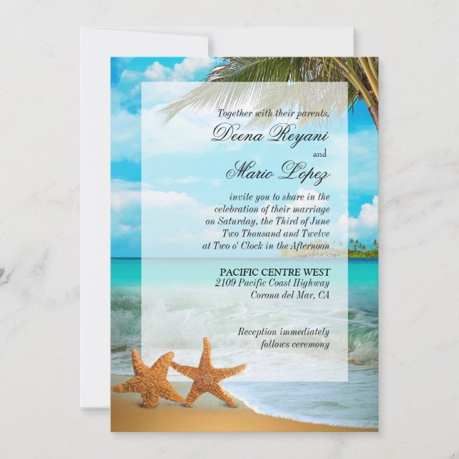 Starfish Couple Faux Vellum Overlay Embellishment Invitation (Front)