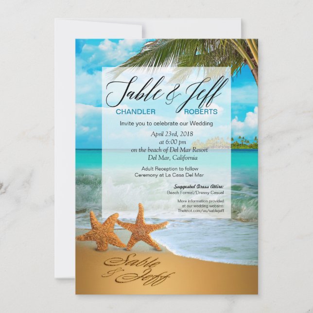 Starfish Couple Faux Vellum Overlay Wedding Invitation (Front)