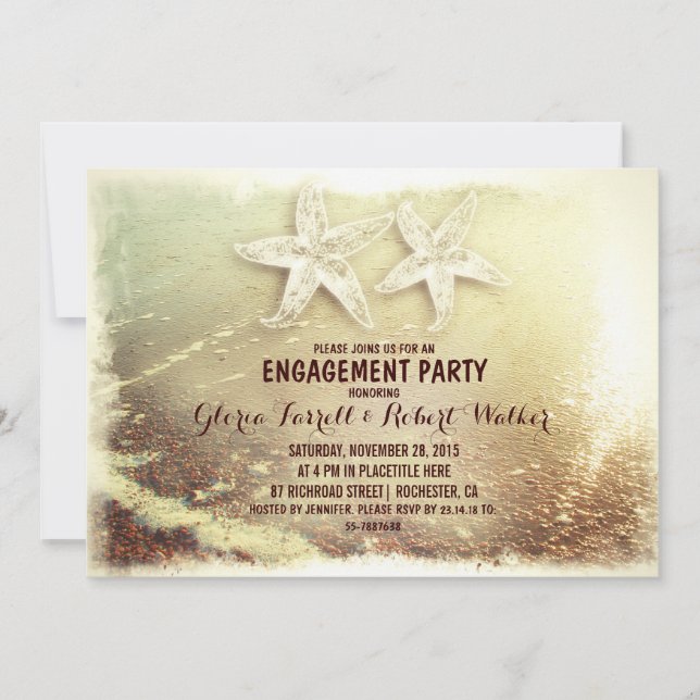 Starfish couple & sea foam beach engagement party invitation (Front)