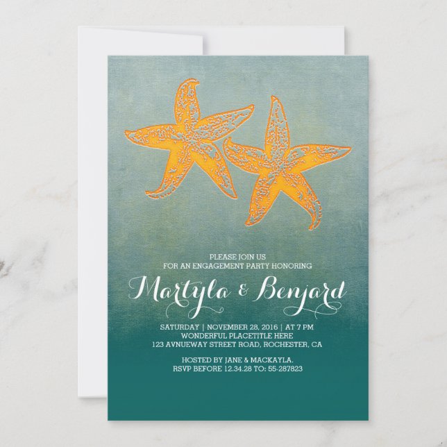 starfish couple teal ombre beach engagement party invitation (Front)