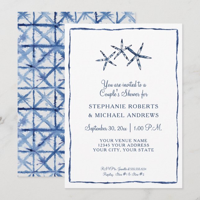 Starfish Couples Shower Shibori Indigo Blue Beach Invitation (Front/Back)