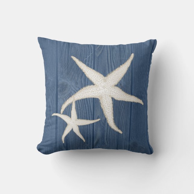Starfish Cream Vintage Blue Wood Pillow (Front)